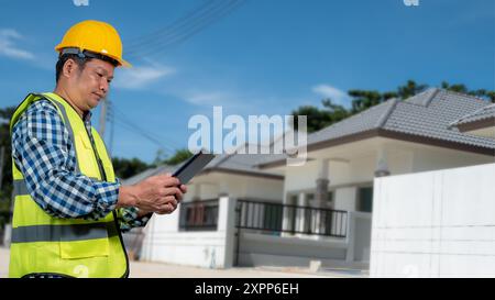 Engineer architect with protective helmet working at house building on construction site background, Housing projects, Residential construction projec Stock Photo