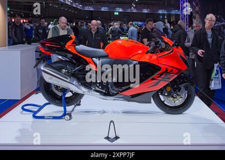 Pasila, Helsinki, Finland – February 3, 2024: Suzuki 2024 Hayabusa 25th Anniversary Edition motorcycle on display at MP 24 Motorcycle fair. Stock Photo