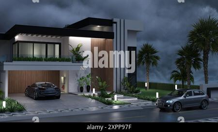 A modern urban villa in a functional style with exterior lighting switched on against a cloudy night sky Stock Photo