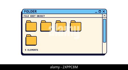 Retro file system program in blue colors. Set of folders in old style. Stock Vector