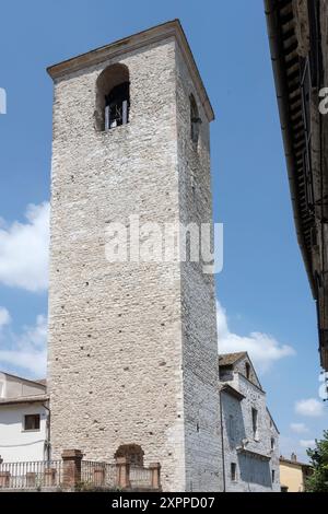 cityscape with San Domenico church bell tower at hilltop historical little town, shot  in bright  summer light at Narni, Umbria, Italy Stock Photo