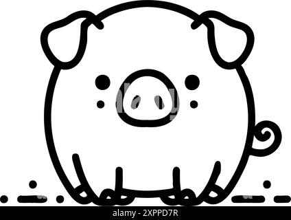 cute pig is sitting on ground. It has black and white color scheme. pig is looking at camera with smile on its face Stock Vector
