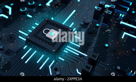 Close view of Padlock icon with blue light over microchip on complex circuit board. Digital security concept. 3D Illustration Stock Photo