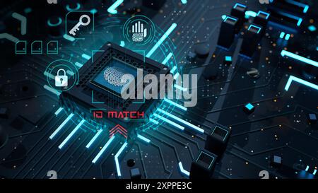 Fingerprint scanner on microchip surrounded by padlock, key and hand icons on a complex circuit board. Digital security concept. 3D Illustration Stock Photo