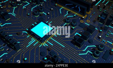 Close view of complex motherboard background with microchip in the center with blue light surrounded by circuits. 3D Illustration Stock Photo