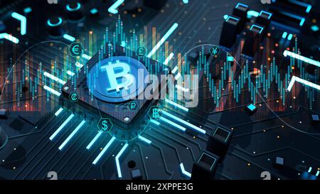 Close view of Bitcoin icon with blue light on microchip surrounded with icons of different world currencies on complex circuit board. International fi Stock Photo