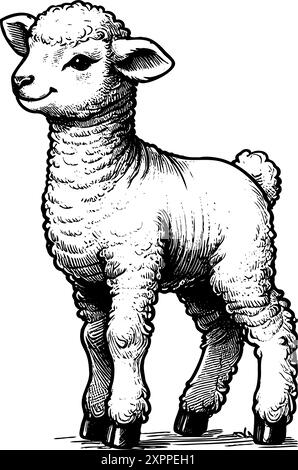 A cute lamb stands in front of a white background. The lamb is the main focus of the image, and it is looking up at the viewer. The image has a warm and inviting mood Stock Vector