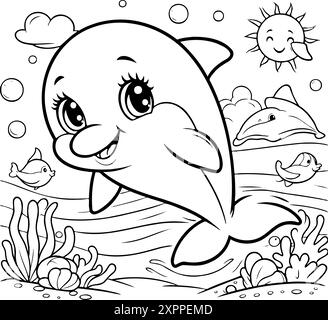 A cartoon dolphin is swimming in ocean with other sea creatures. dolphin is smiling and he is happy Stock Vector