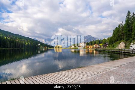 Beautiful Lake Misurina, Lago di Misurina, is largest natural lake in Cadore, located at 1754 m above sea level, near Auronzo di Cadore (Belluno), Dol Stock Photo