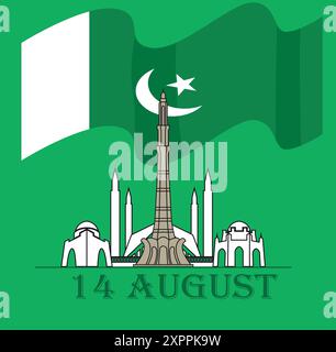 '14th August Pakistan Independence Day - Miner-e-Pakistan with National Flag' Stock Vector