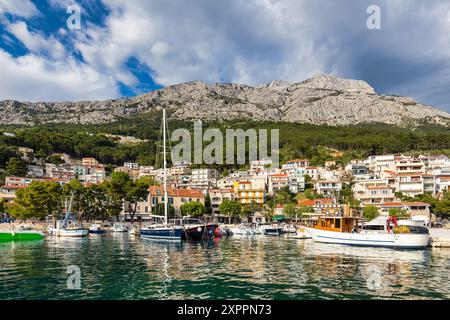 Beautiful Brela on Makarska riviera, Croatia. Adriatic Sea with amazing turquoise clean water and white sand. Aerial view of Brela town and waterfront Stock Photo