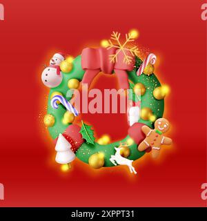 3D decorated christmas wreath Stock Vector