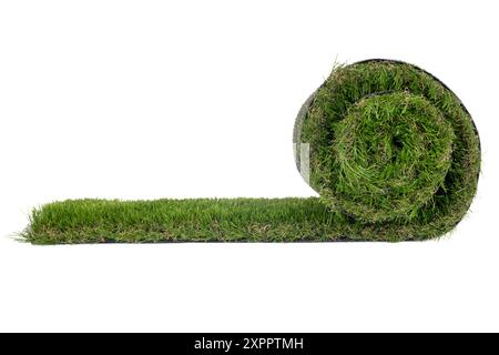 Rolled Green Grass Turf on White Background Stock Photo