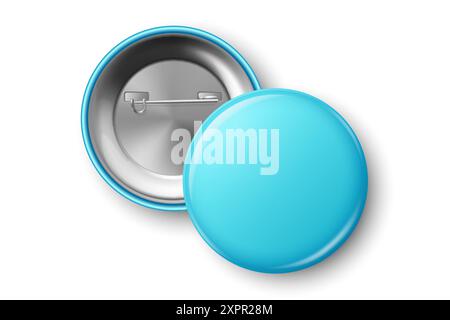 Vector 3d Realistic Blue Blank Round Button Badge Closeup, Isolated. ID Badge Design Template, Mockup. Design Template for Access Pass, Identification Stock Vector