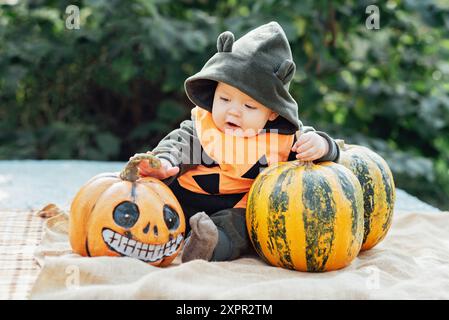 baby dressed in adorable pumpkin costume sits among pumpkins, holding one in each hand. festive spirit of Halloween and charm of childhood in a garden Stock Photo