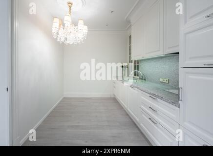 Luxury Cozy Modern Open Bright Kitchen Home Interior. Faucet, Flowers, Fridge and Furniture in Background. Gray Color Flooring. White Cabinets Stock Photo