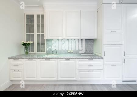 Luxury Cozy Modern Open Bright Kitchen Home Interior. Faucet, Flowers, Fridge and Furniture in Background. Gray Color Flooring. White Cabinets Stock Photo