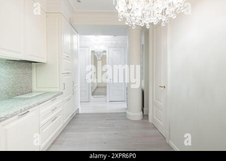 Luxury Cozy Modern Open Bright Kitchen Home Interior. Faucet, Lamp, Fridge and Furniture in Background. Gray Color Flooring. White Cabinets Stock Photo