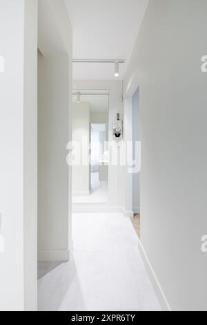 Home Entrance Hall. Interior. Minimalism. LED Light. Mirror in Background Stock Photo