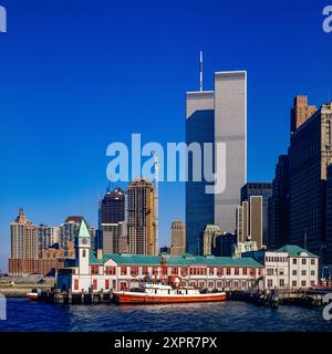 1980s lower Manhattan skyline, WTC twin towers, Pier A, FDNY fireboat station, prior to September 11 2001, New York City, NYC, NY state, USA, Stock Photo