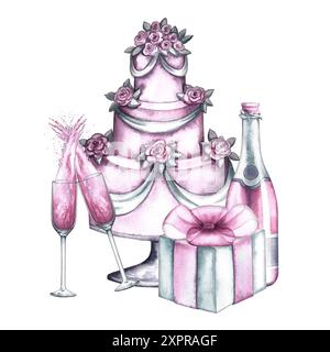 A festive pink cake with champagne and a gift. Handmade watercolor illustration. Isolate it. Wedding, birthday or anniversary. For invitation and gree Stock Photo