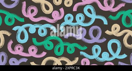 Color chalk, brush strokes vector seamless pattern. Hand drawn childish bold curvy, curly geometric lines, strokes. Stock Vector
