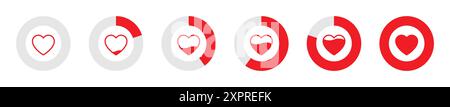 Heart meter levels or gauge icon set in divided pie circles illustration in red color on white background. 0 to 100 percent heart rating level vector. Stock Vector