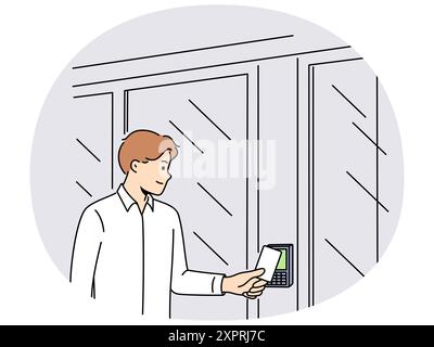 Business man uses key card for open electronic lock on door and gain access to office space. Guy enters buildings by sending key card to device to identify visitors and ensure security Stock Vector