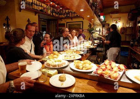 Pintxos and tapas in Bar Tamboril, San Sebastian, Guipuzcoa, Basque Country, Spain Stock Photo