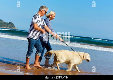 Senior couple, 60-70, Walking with dog on the beach, background Getaria, Zarautz, Gipuzkoa, Basque Country, Spain, Europe Stock Photo