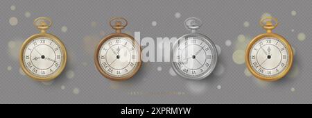 A set of Realistic Vintage Pocket Watches of different metal colors. Vector illustration in 3D style Stock Vector