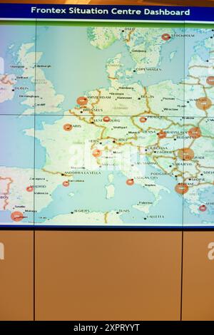 Dashboard at the Frontex Situation Centre in Warsaw, displaying the EUROSUR surveillance program. Frontex coordinates the surveillance and protection of the external borders of the European Union. Stock Photo