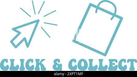 Click and collect online shopping button or sticker set. Realistic rectangular label with promotional text and Arrow cursor touching vector Stock Vector