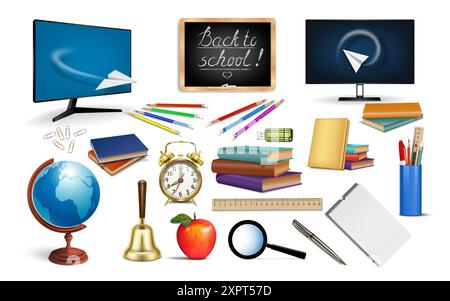 Back to school set of supplies and objects for education in 3D realistic style. Isolated on white background. Vector illustration. Stock Vector