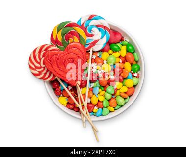 Candy sweets and lollipops. Valentines day candy heart. Flat lay isolated on white background Stock Photo