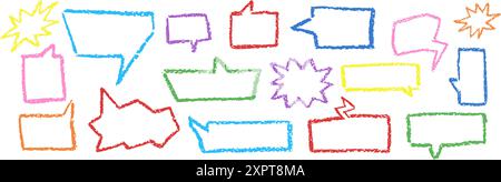 Set of speech bubbles drawn by crayon pencil. Collection of hand drawn chalk elements. Charcoal colorful text box collection for comment, quote or Stock Vector