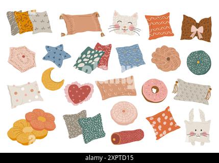 Set of Textile Patterned Pillows in Boho style. Stock Vector