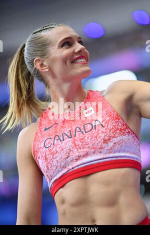 Paris, France. 7th Aug, 2024. Alysha Newman of Canada reacts after the