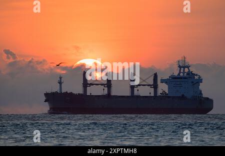 Crossing sunrise, a cargo ship is approaching the roads in Galveston Harbor, Galveston, Texas, USA. Stock Photo