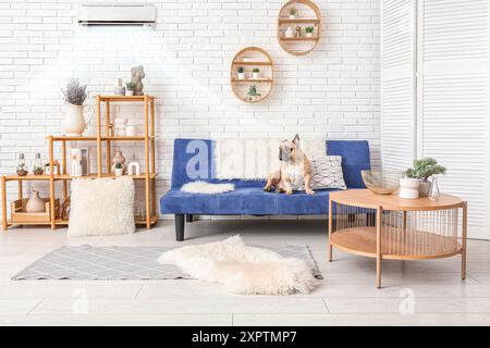 Cute french bulldog sitting on sofa in room with operating air conditioner Stock Photo
