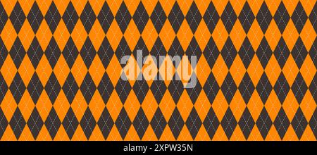 Orange and black seamless argyle pattern. Halloween rhombus repeating texture background. Stitched diamond forms for textile clothes design, fabric print, wrapping paper. Vector wallpaper Stock Vector