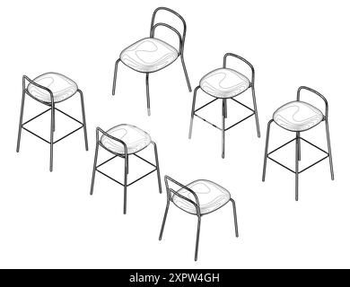 Vector illustration Bar stool icons set of contours. Chair bench. Club furniture. Isometric view. 3D. Stock Vector