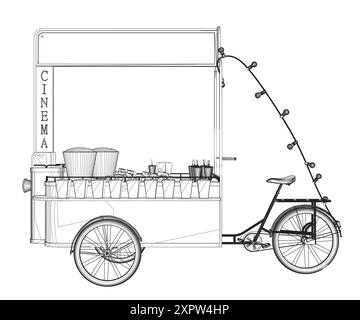 Popcorn maker vector illustration. Vintage kiosk in amusement park. Street food. Tricycle movie theater food. Side view. Stock Vector