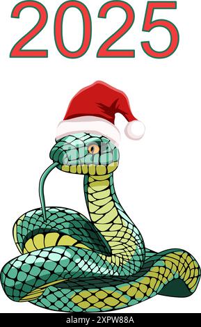 Snake in Christmas hat and 2025 sign vector illustration Stock Vector