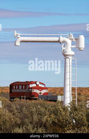 Water standpipe and Old Ghan Train, Farina Railway Station, Farina Ghost Town, outback South Australia, Australia Stock Photo