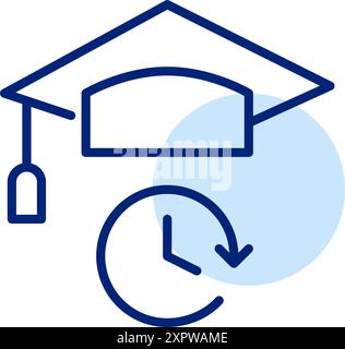 Graduation hat and clock. Educational curriculum and academic time requirements. Pixel perfect, editable stroke vector icon Stock Vector
