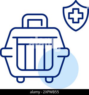 Pet carrier and health insurance shield. Medical assistance, veterinary services in travel. Pixel perfect, editable stroke vector icon Stock Vector
