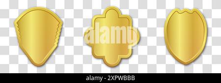 Set of realistic golden heraldic shields. Vector illustration on a transparent background. Stock Vector