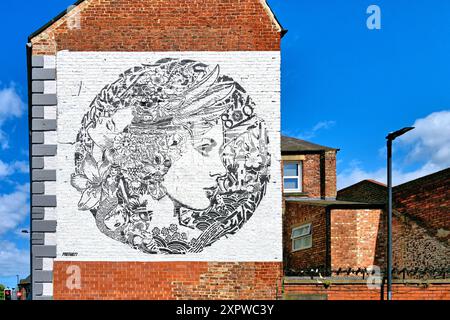 Prefab77 aka Peter Manning painted wall art entitled The Siren in  North Shields on the wall of the ex pub The Old Hundred Stock Photo