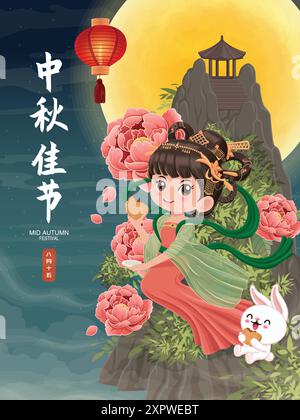 Vintage Mid Autumn Festival poster design Chinese Goddess of Moon, rabbit character. Translation: Mid Autumn Festival, Fifteen of August. Stock Vector